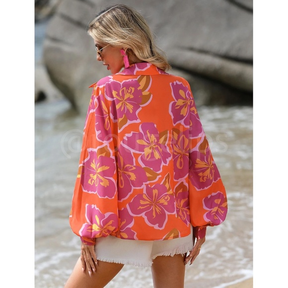 Floral Print Button Down Orange Pink Shirt Lantern Sleeve - Picture 5 of 15